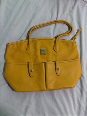 Dooney & Bourke Yellow Pebbled Leather Tote with Front Pockets